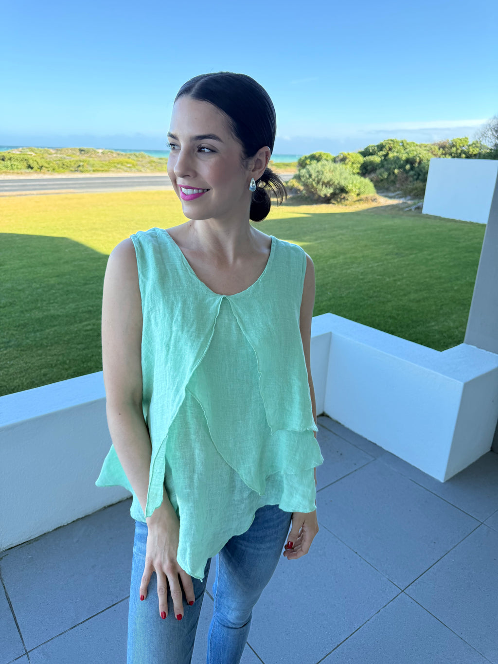 Italian linen layered top - Aqua