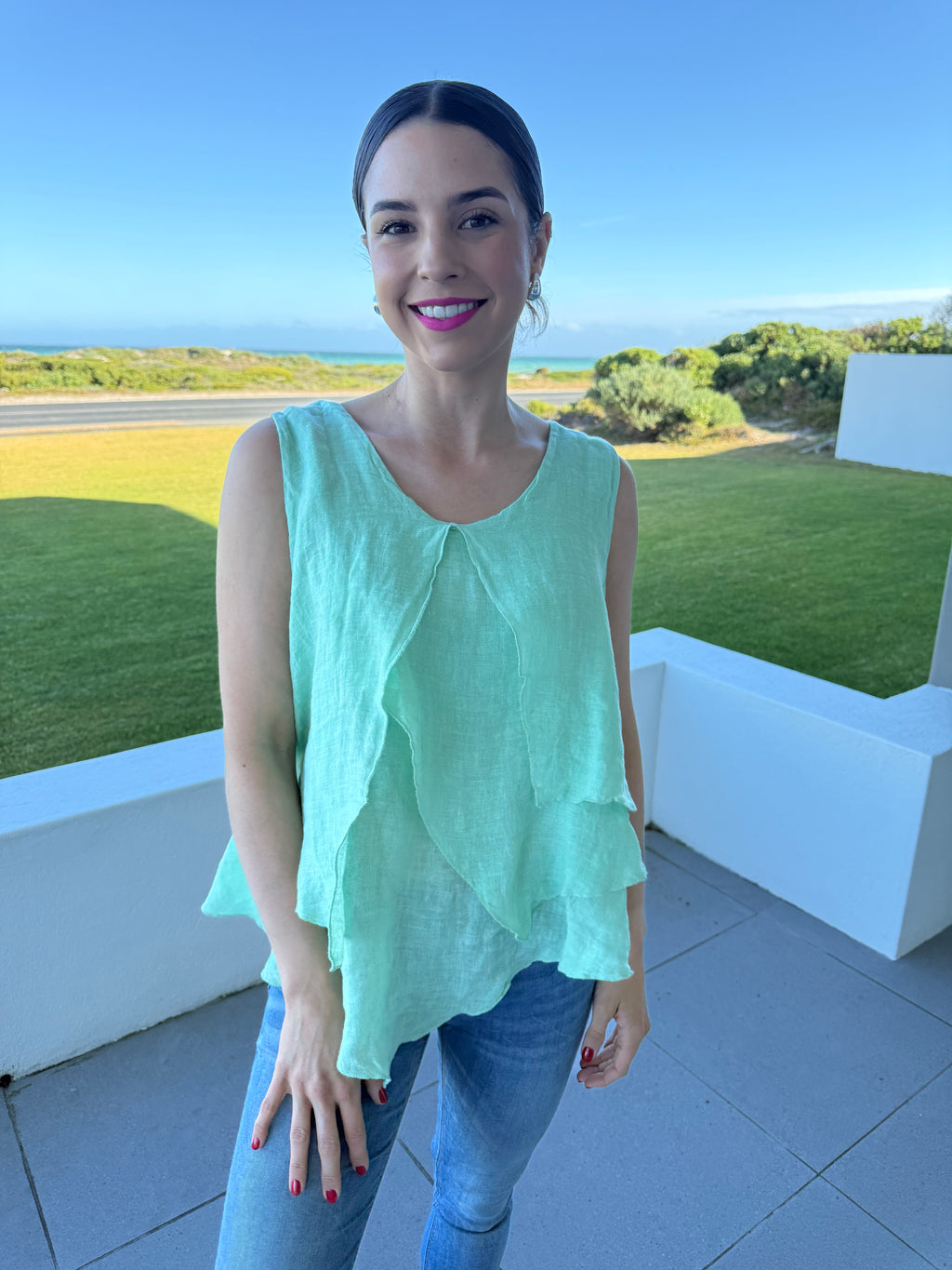 Italian linen layered top - Aqua
