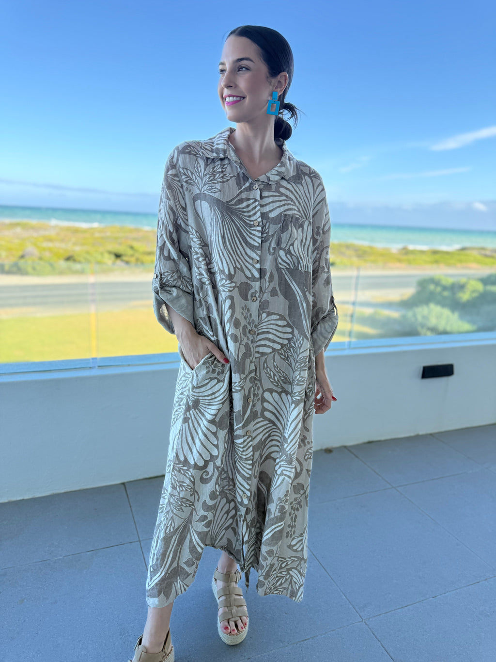 Italian linen dress - Stone floral