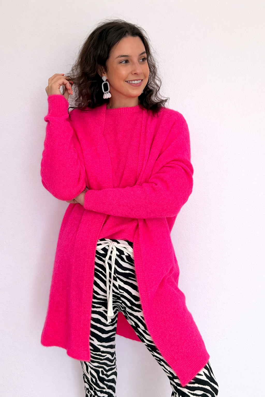 Baby alpaca long cardigan knit - Hot pink