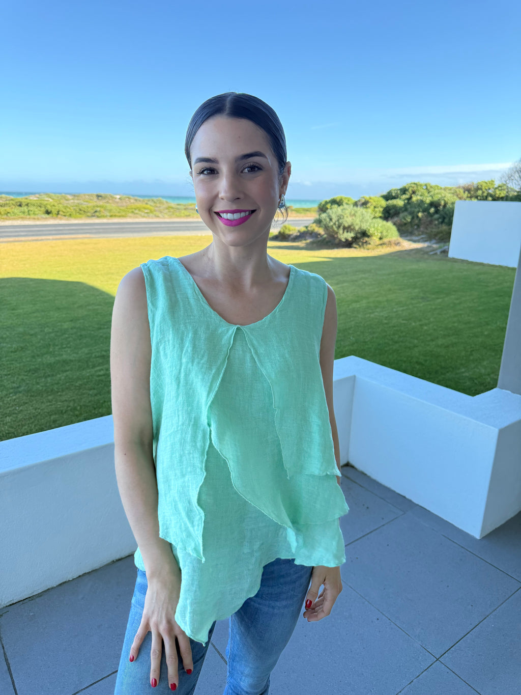 Italian linen layered top - Aqua