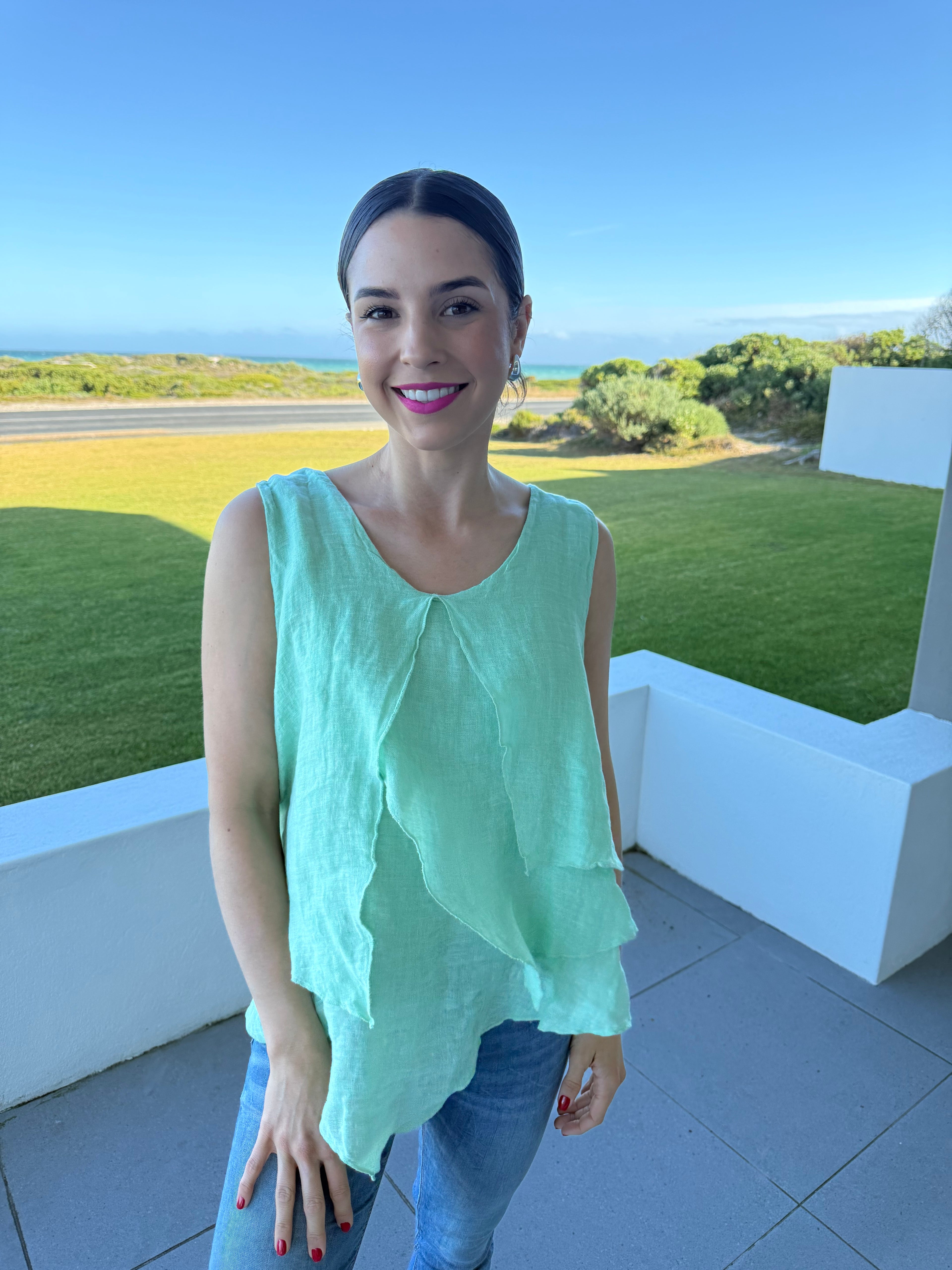 Italian linen layered top - Aqua