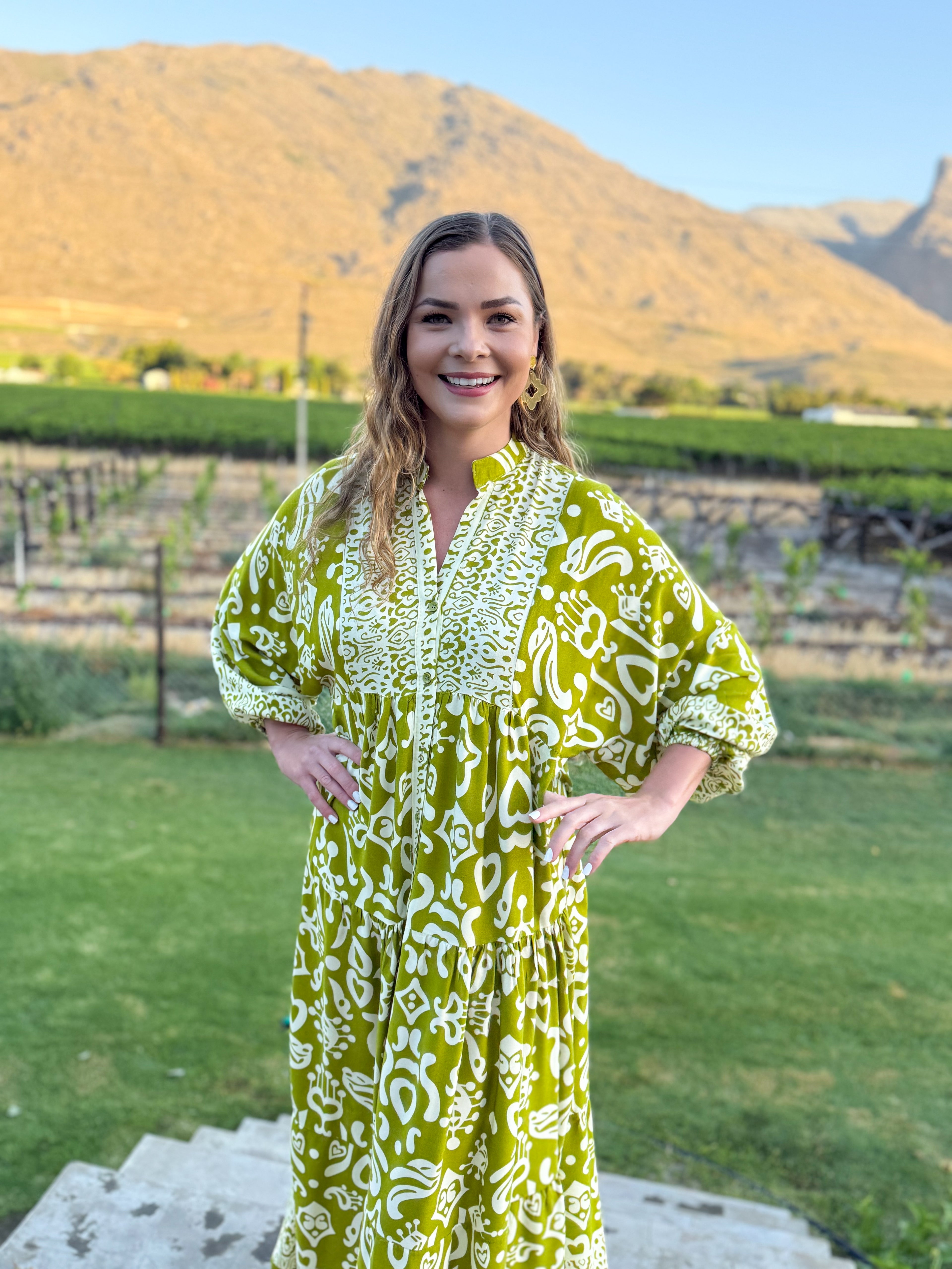Jenna dress - Chartreuse and white