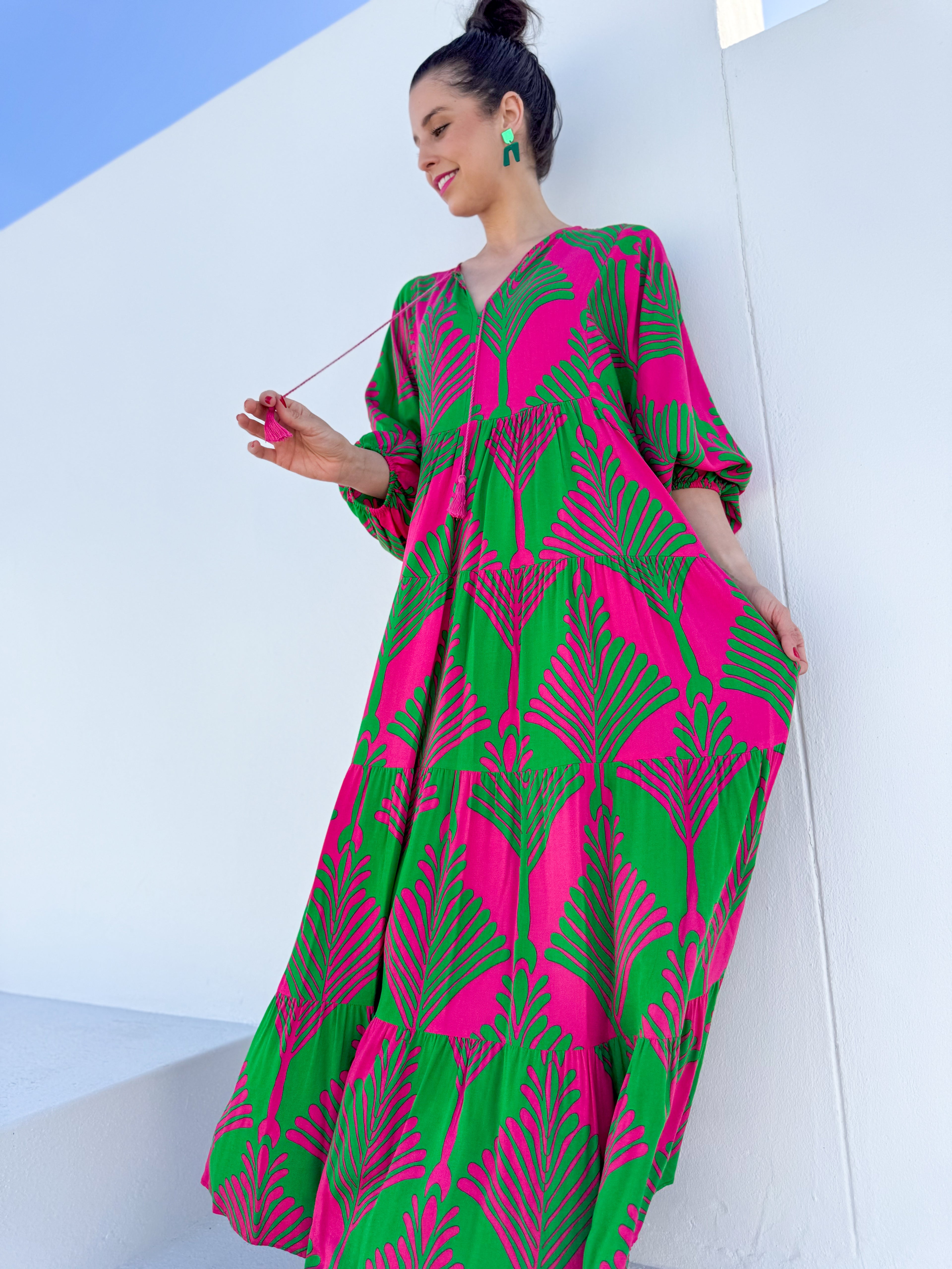 Suné dress - Green & Pink leaf