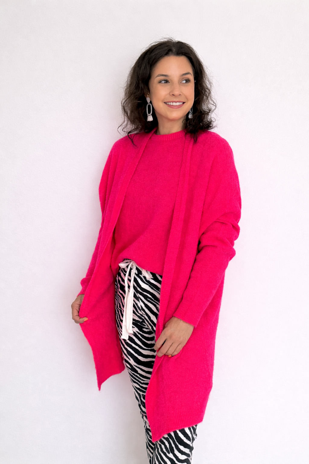 Baby alpaca long cardigan knit - Hot pink