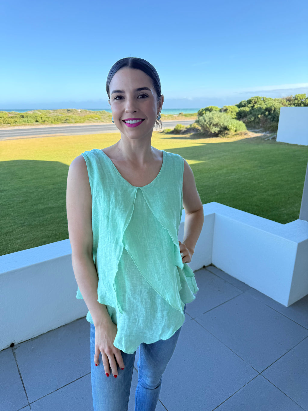 Italian linen layered top - Aqua