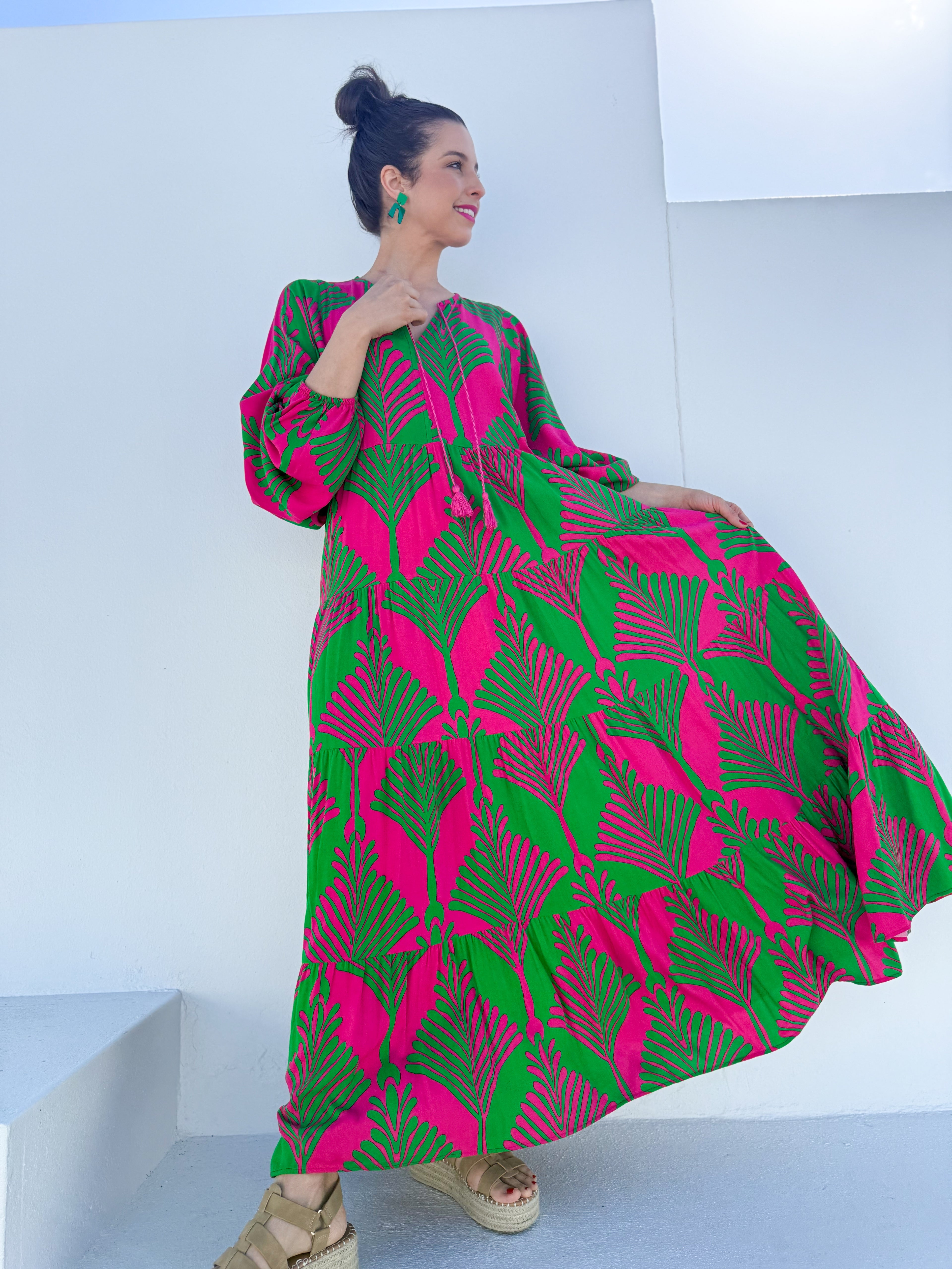 Suné dress - Green & Pink leaf
