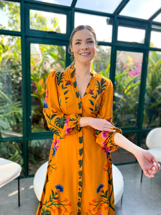 June dress - mustard floral