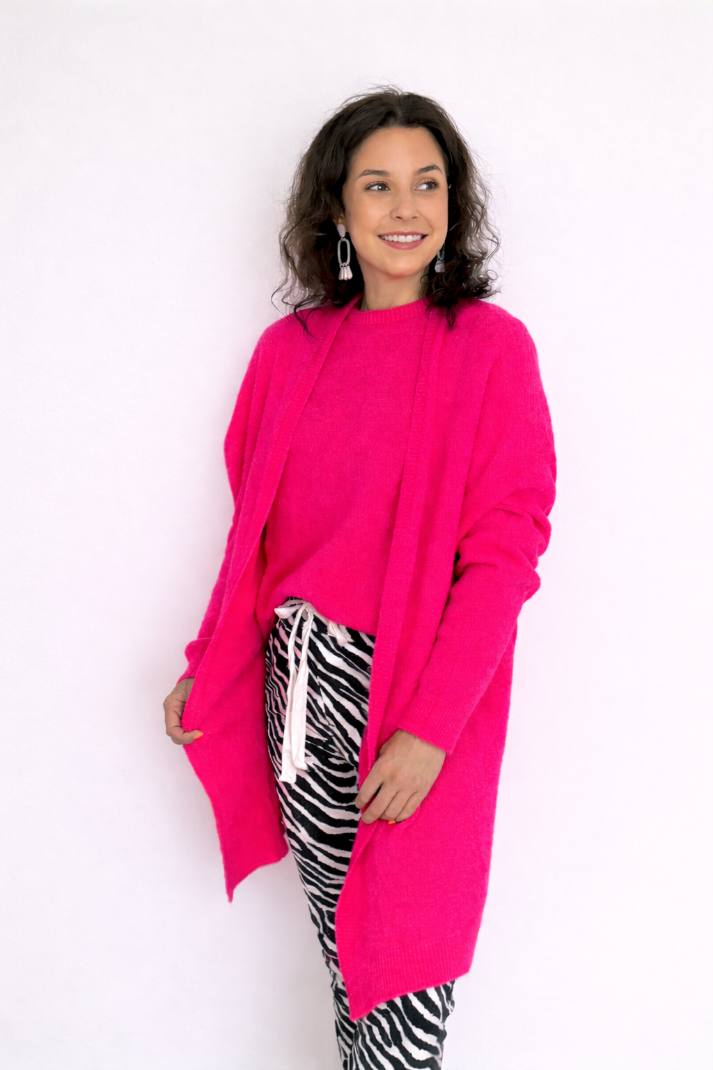 Baby alpaca long cardigan knit - Hot pink