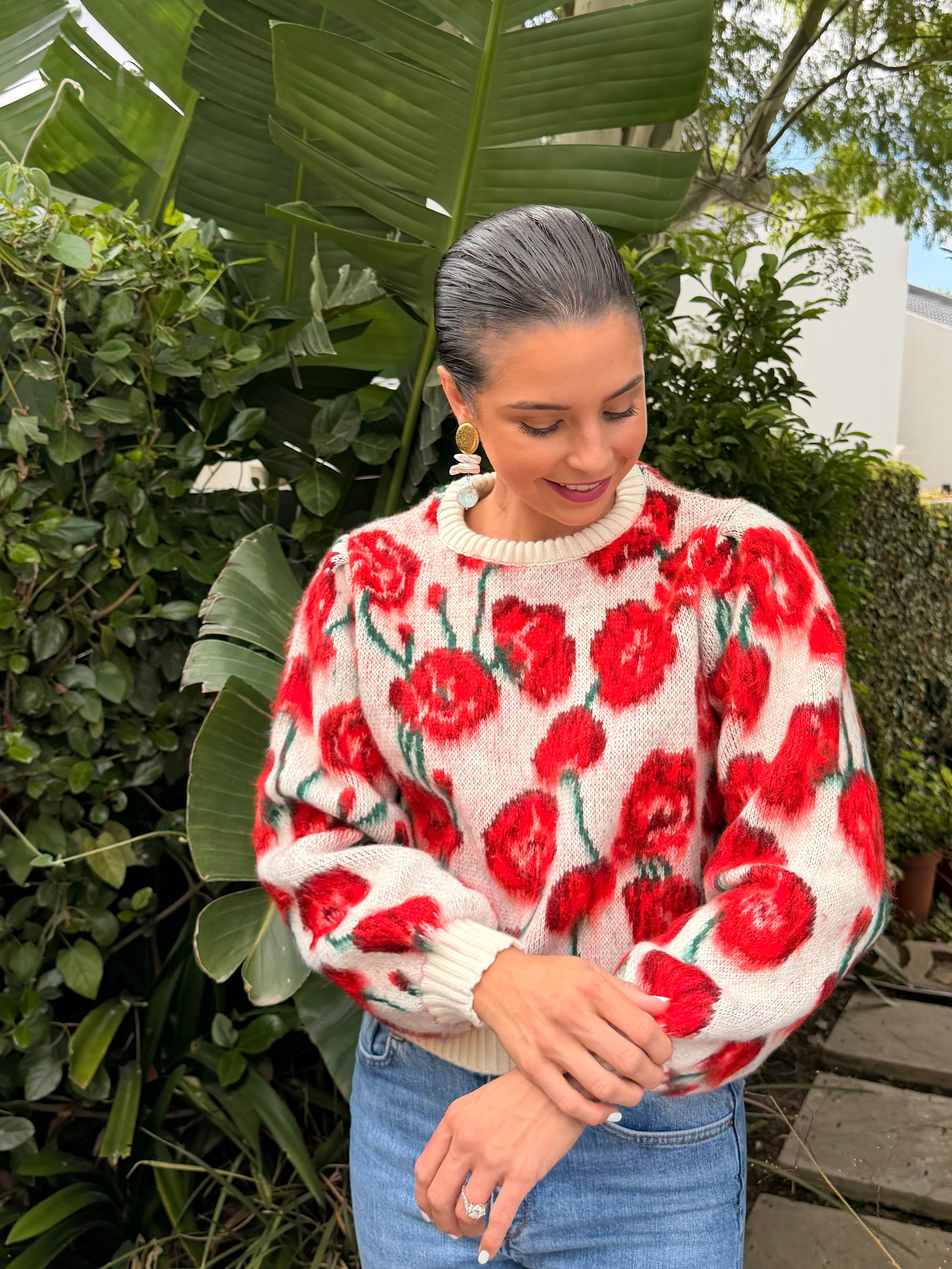 Painting knit - Red floral