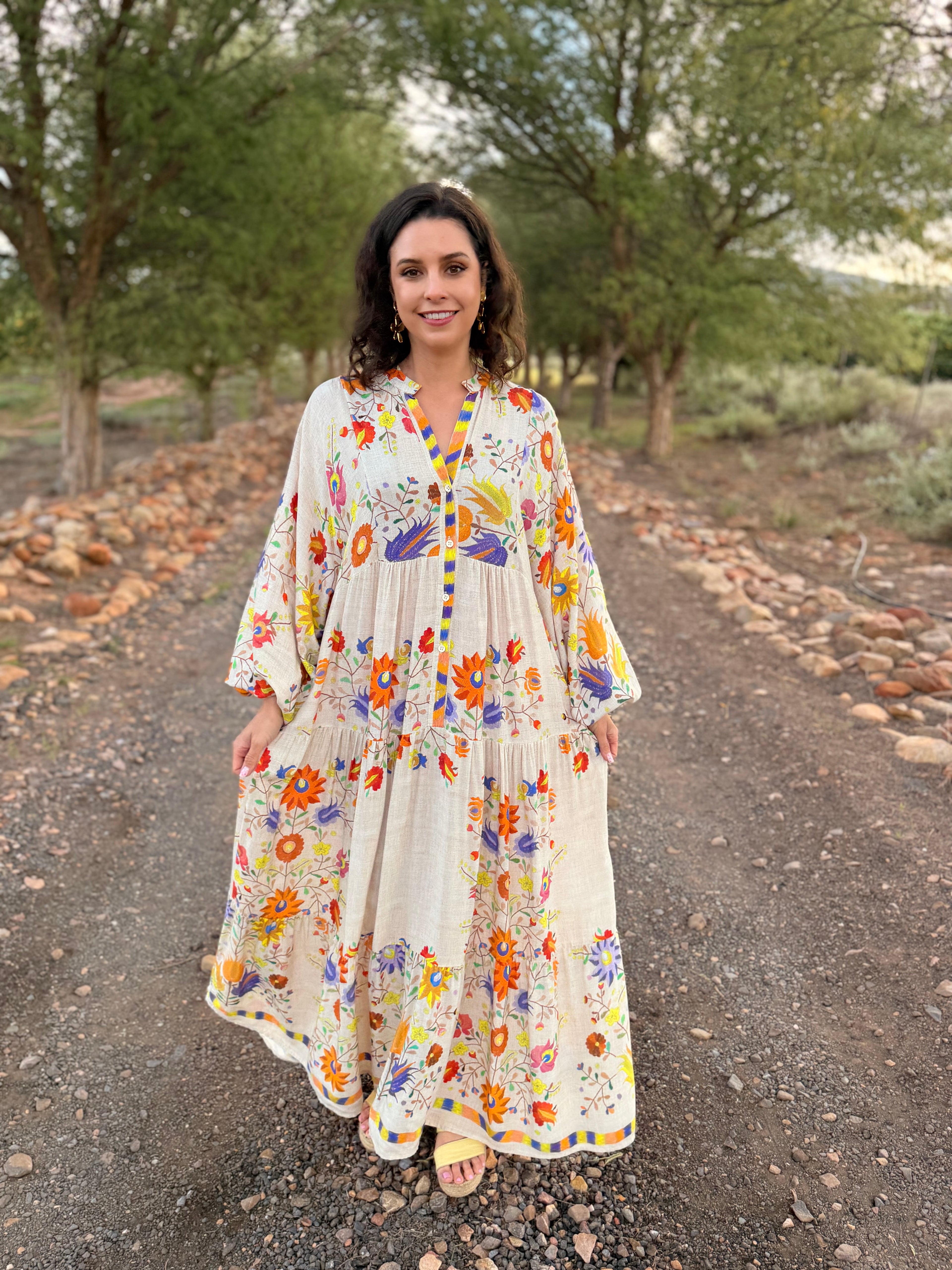 Jenna dress - Beige ikat floral