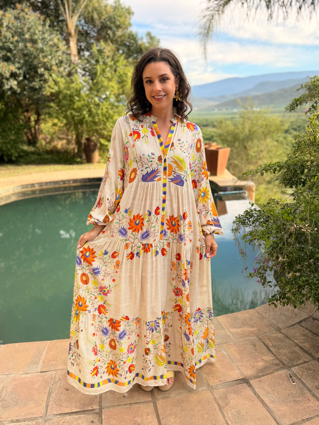 Jenna dress - Beige ikat floral