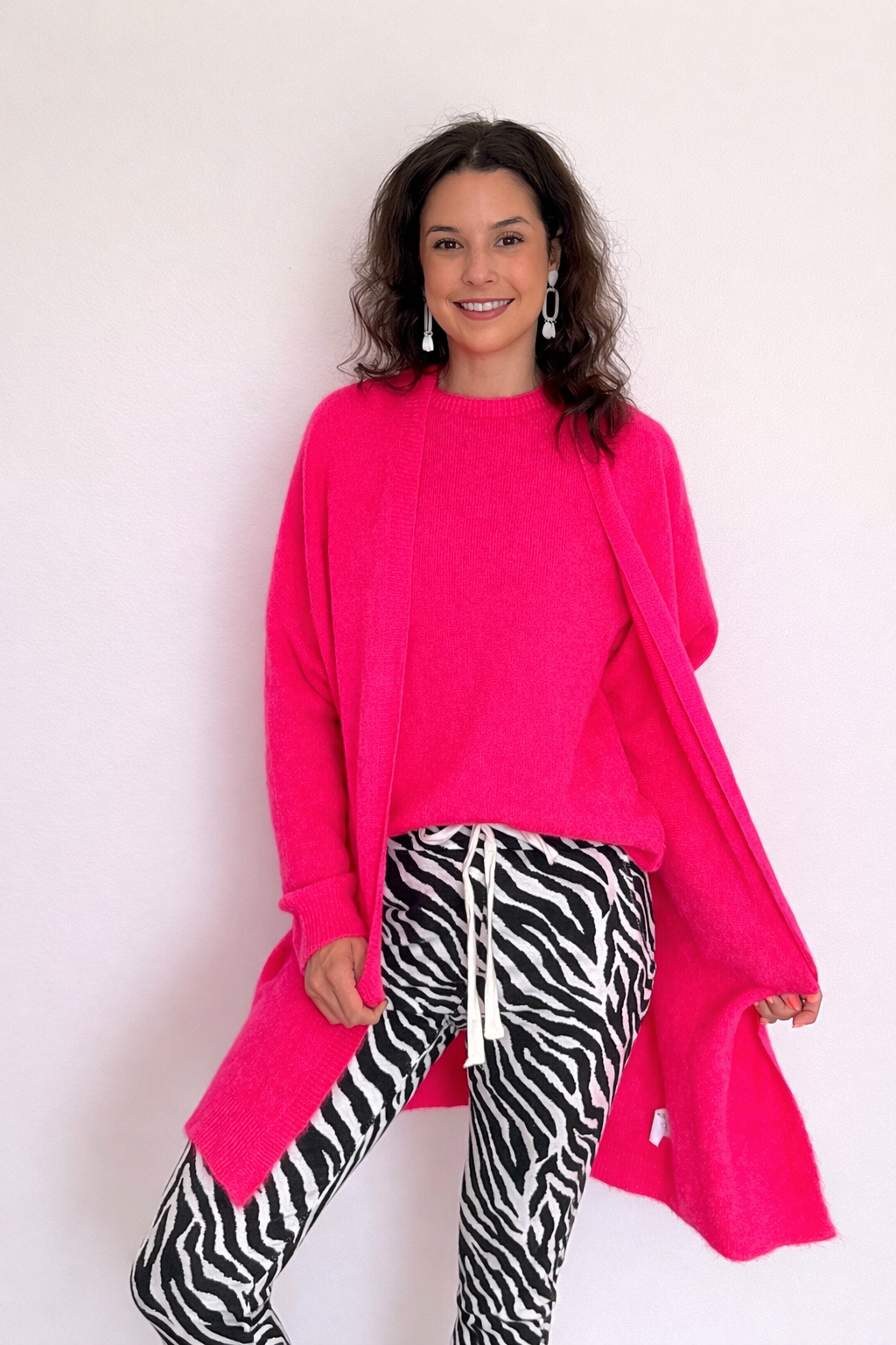 Baby alpaca long cardigan knit - Hot pink