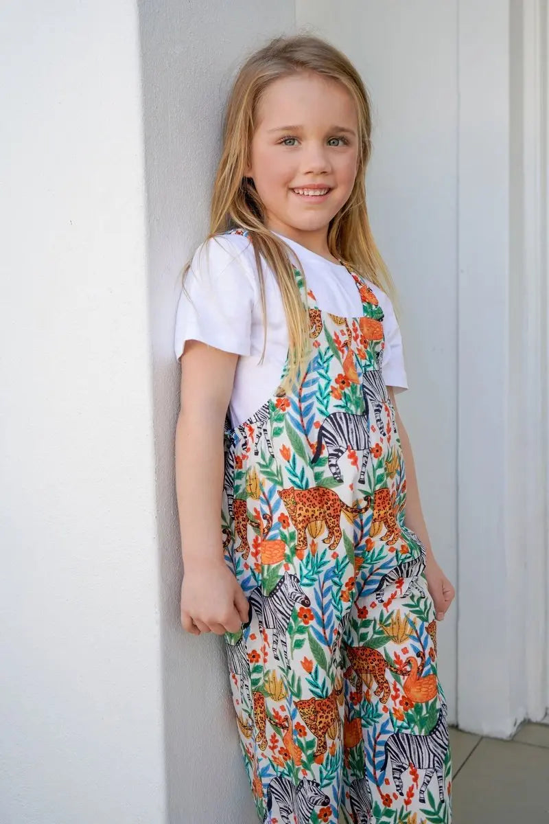 Dungaree- white jungle print (unisex)