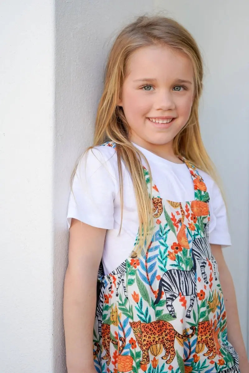 Dungaree- white jungle print (unisex)
