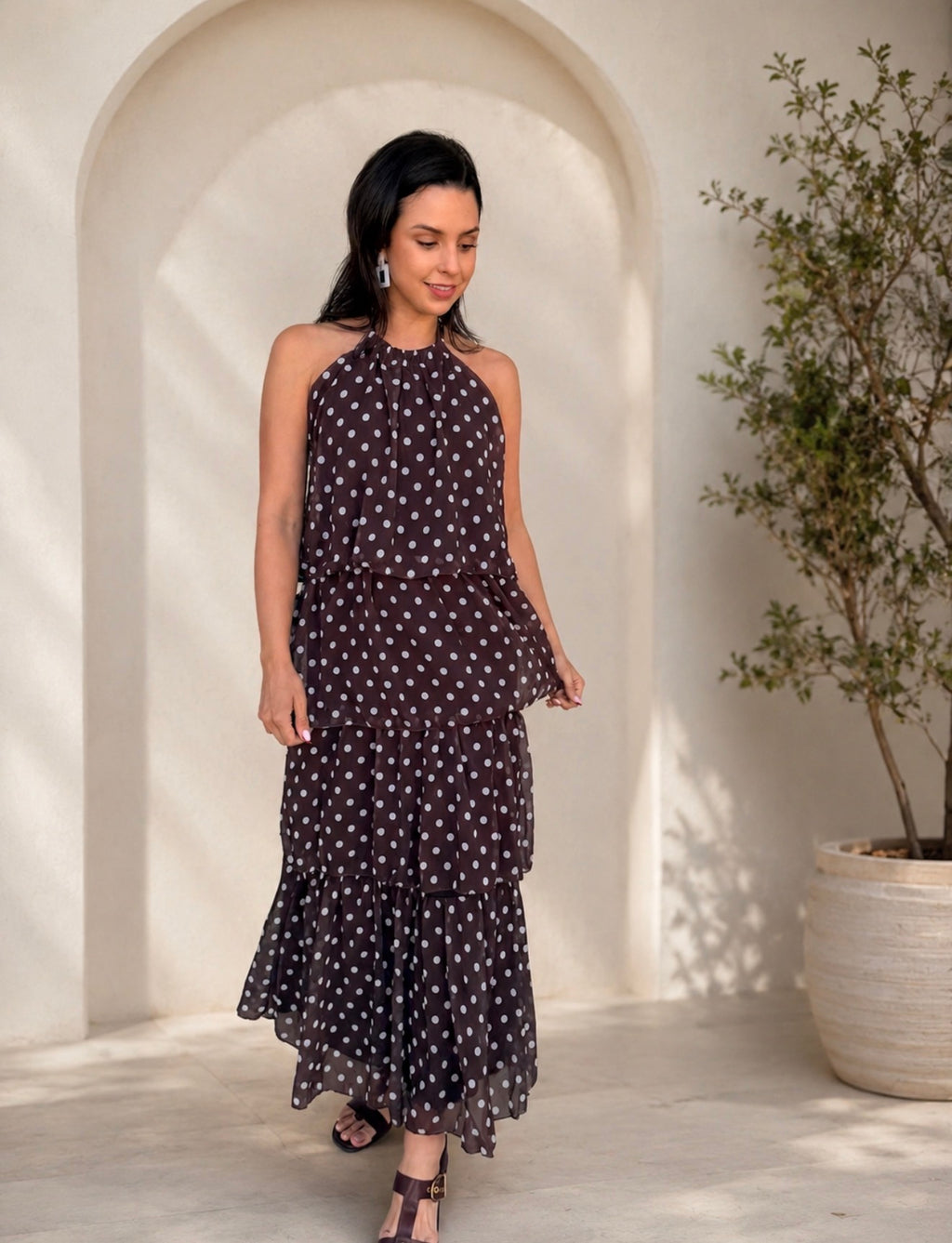 Frill dress - Brown polka dots