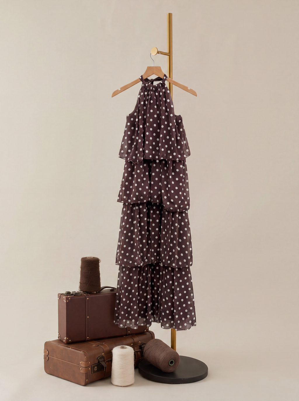 Frill dress - Brown polka dots